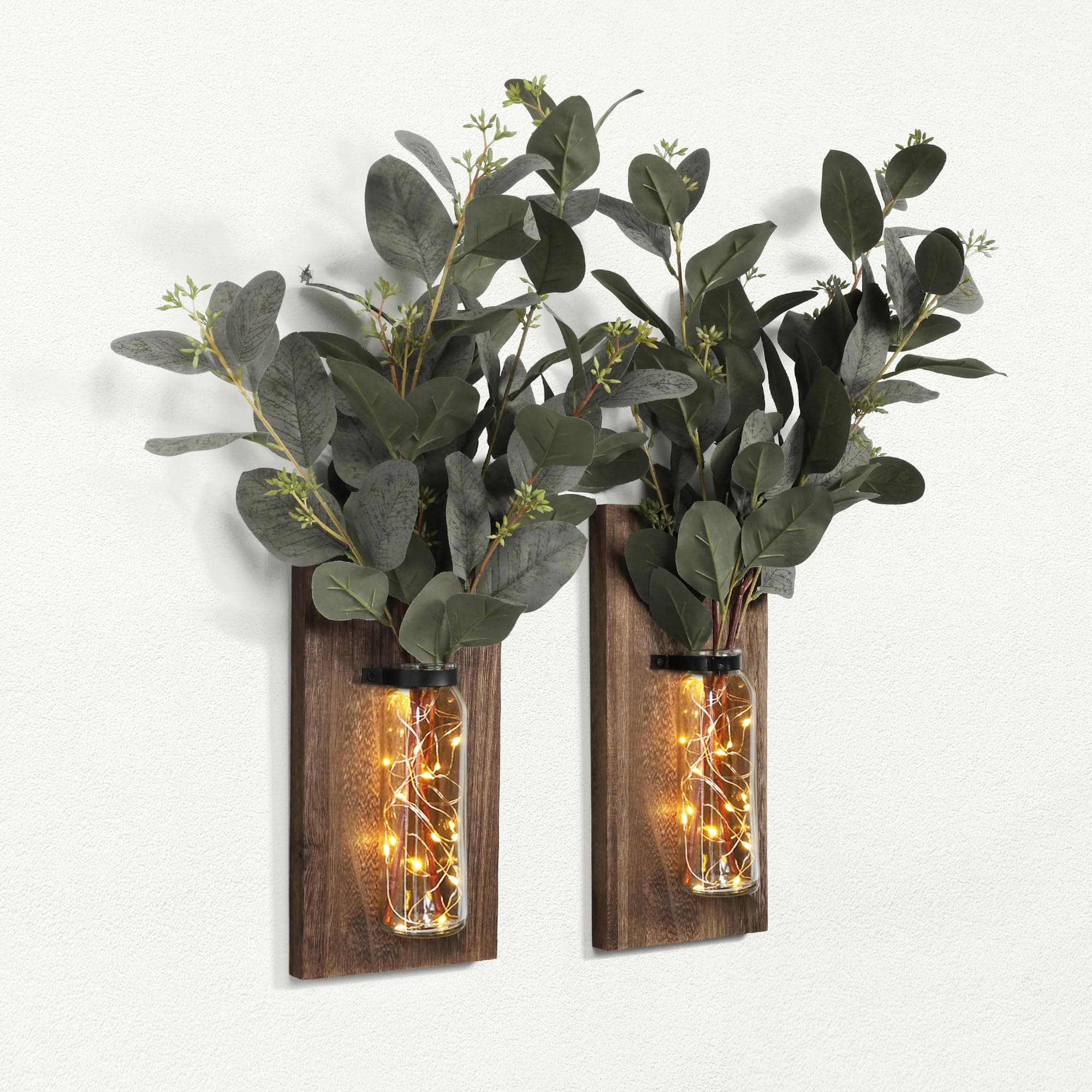 2 Pack Brown Wood Glass Wall Sconces for Living Room Hanging Vase