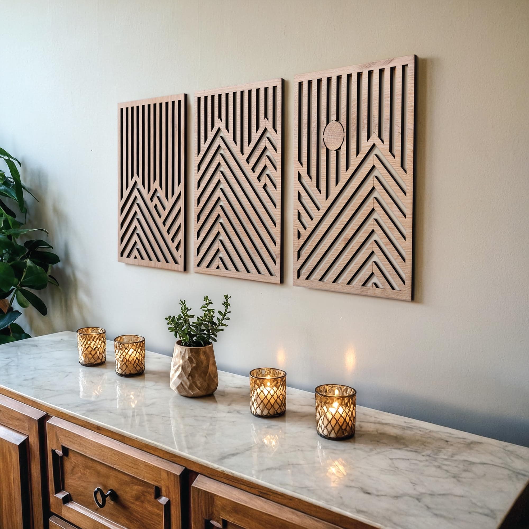 Modern Wooden Wall Sculptures - Set of 3 - Oak - Living Room Decor