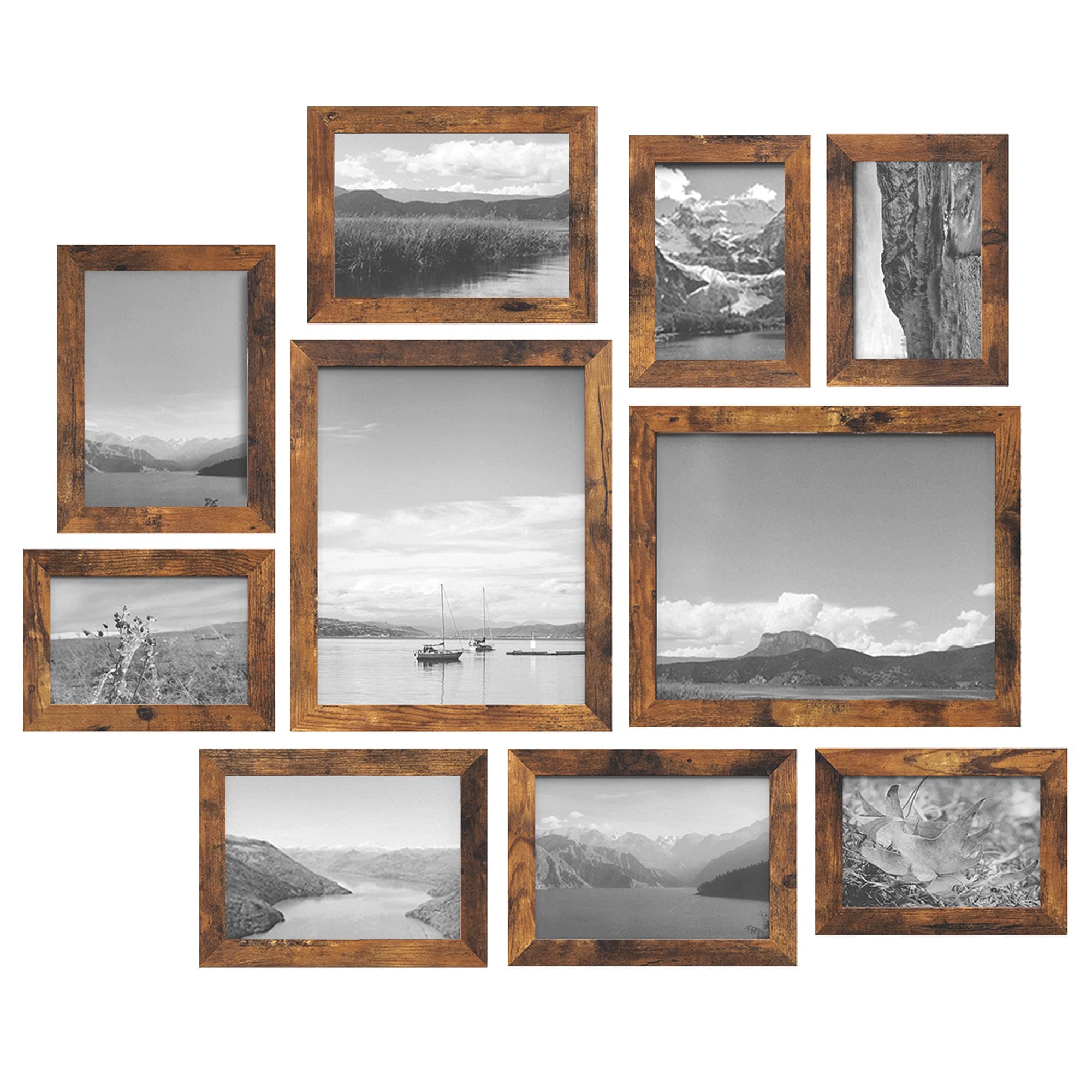 SONGMICS Collage Picture Frames Set of 10, Rustic Brown Glass