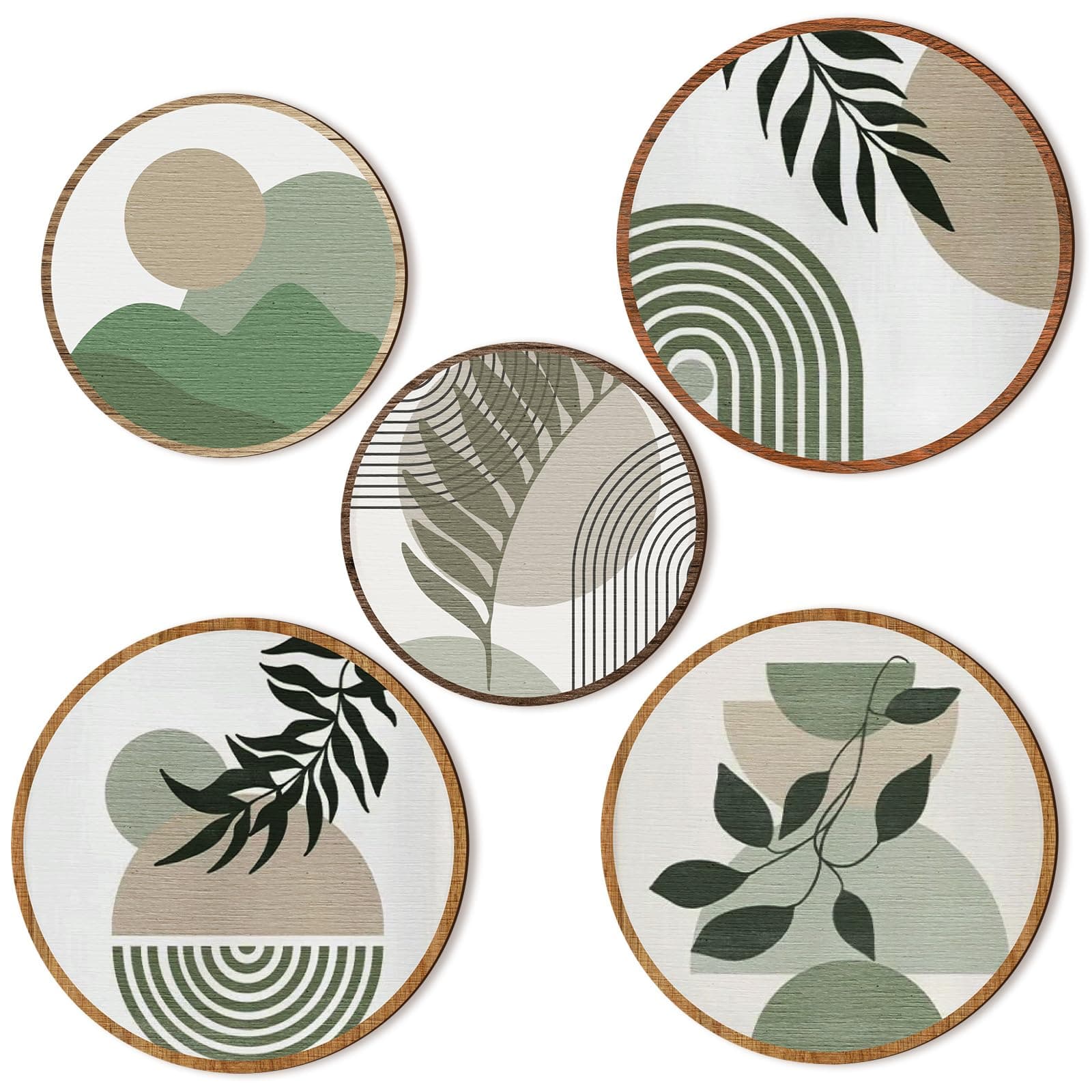 Qunclay 5 Pcs Greenery Bohemian Geometric Wood Wall Art for Living Room & Bedroom