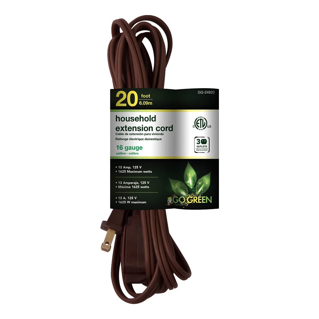 Go Green Power Inc. 20ft Brown Household Extension Cord, 3 Outlets, Indoor Use