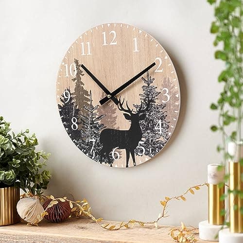 Cabin Bear 12 Inch Silent Wood Wall Clock — Deer