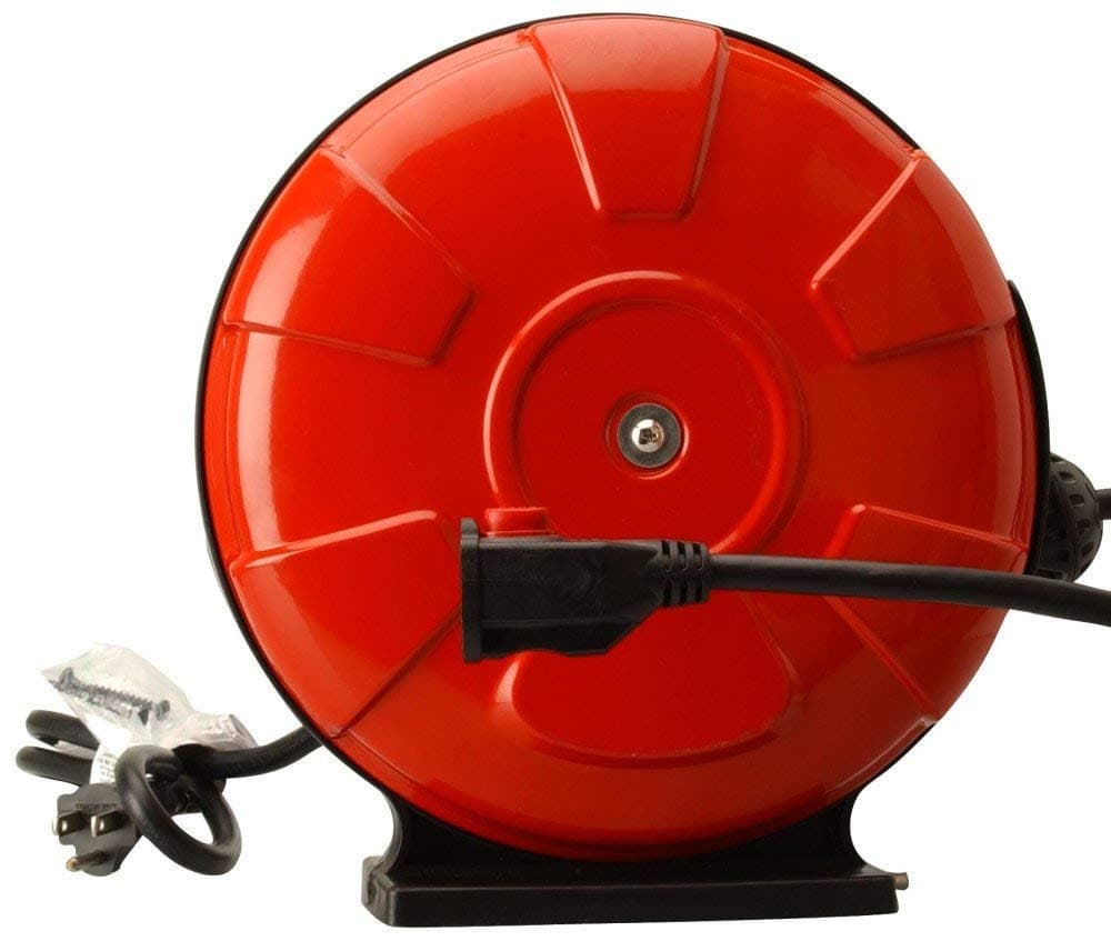 Woods 30Ft 14 Gauge 3 Conductor Locking Plug Red Extension Cord Reel