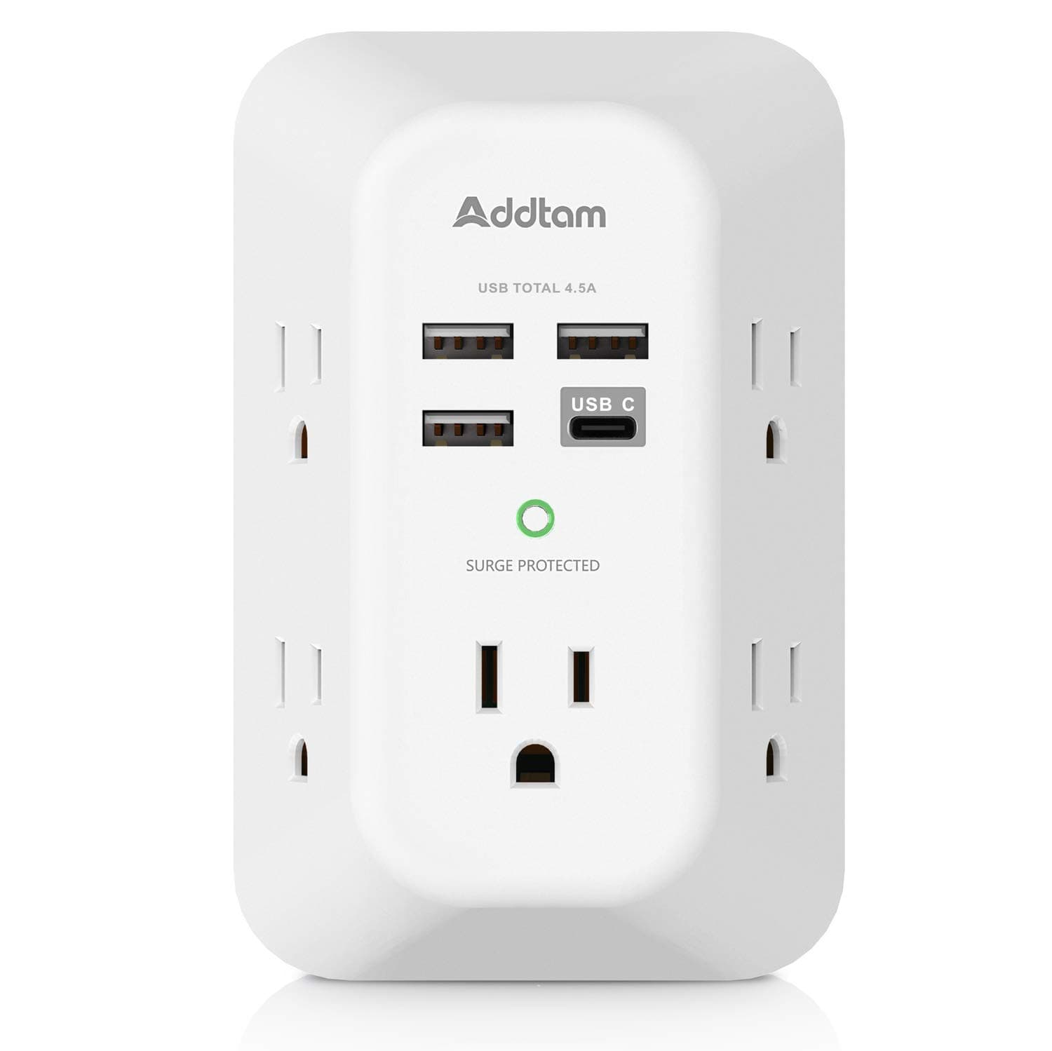 Addtam 1800J 3-Sided Power Strip with 5 Outlets & 4 USB Ports Surge Protector