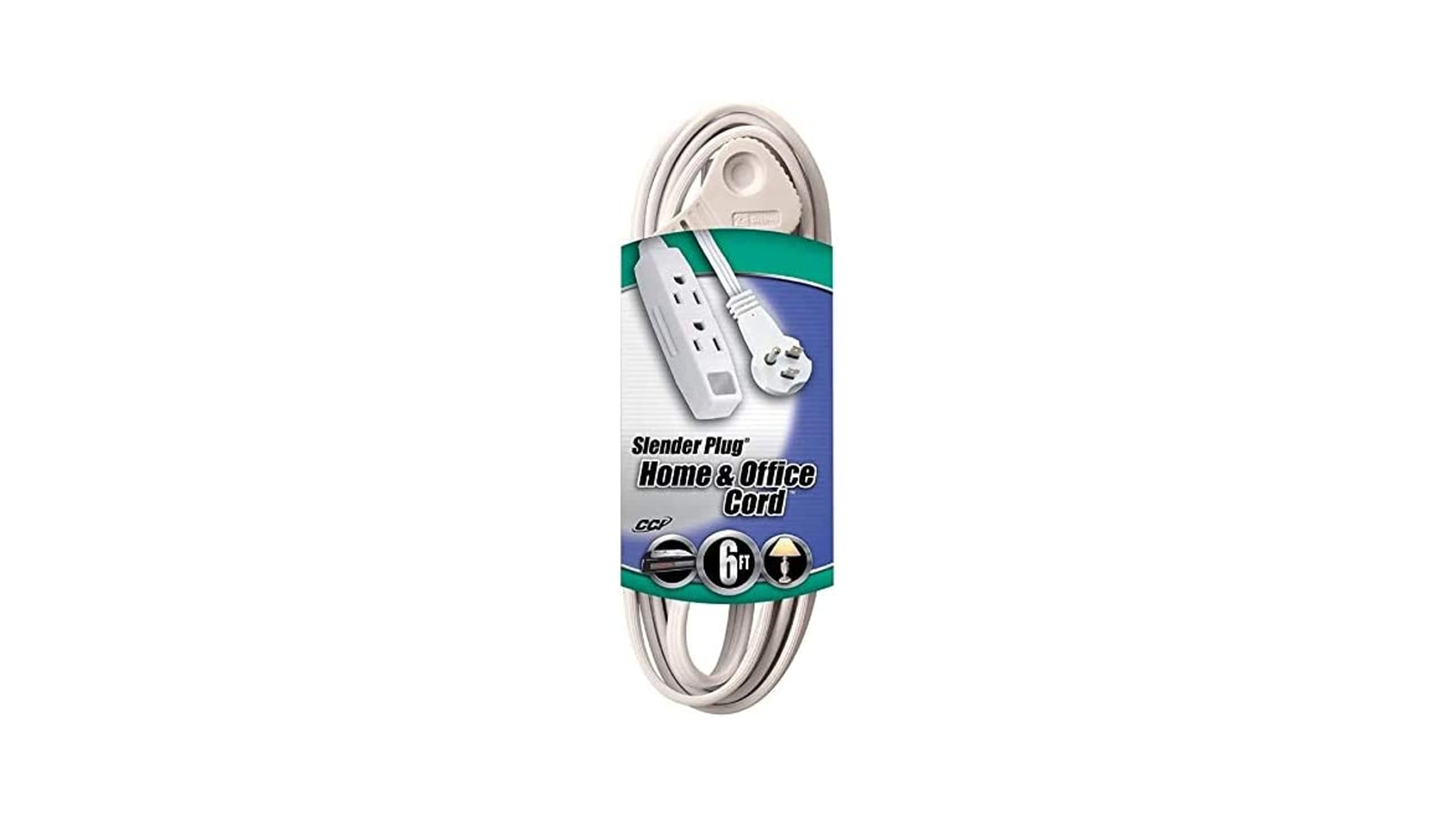 Slimline Flat Plug Extension Cord for Woods, 6Ft, 16 Gauge, 3-Outlet, White
