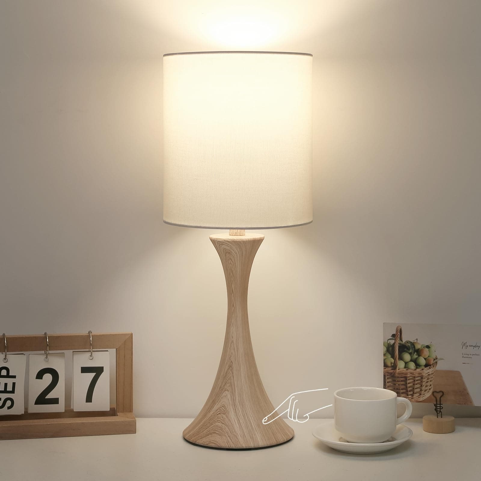 3 Way Dimmable Touch Control Wood Grain Farmhouse Bedside Lamp