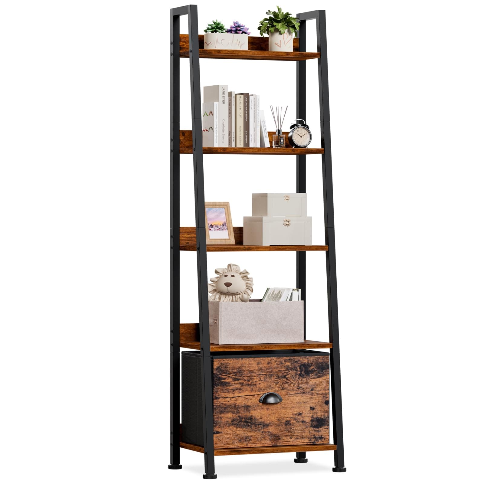 Furologee Rustic 5-Tier Ladder Shelf, Wood & Metal Storage Organizer