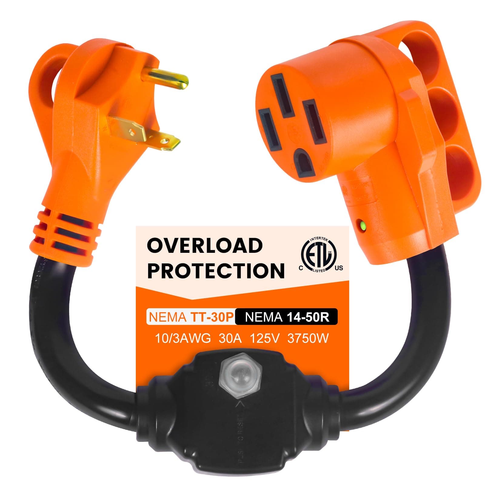 30-50 Amp RV Overload Protector Adapter, NEMA TT-30P to NEMA 14-50R Cord with LED Indicator, ETL Listed