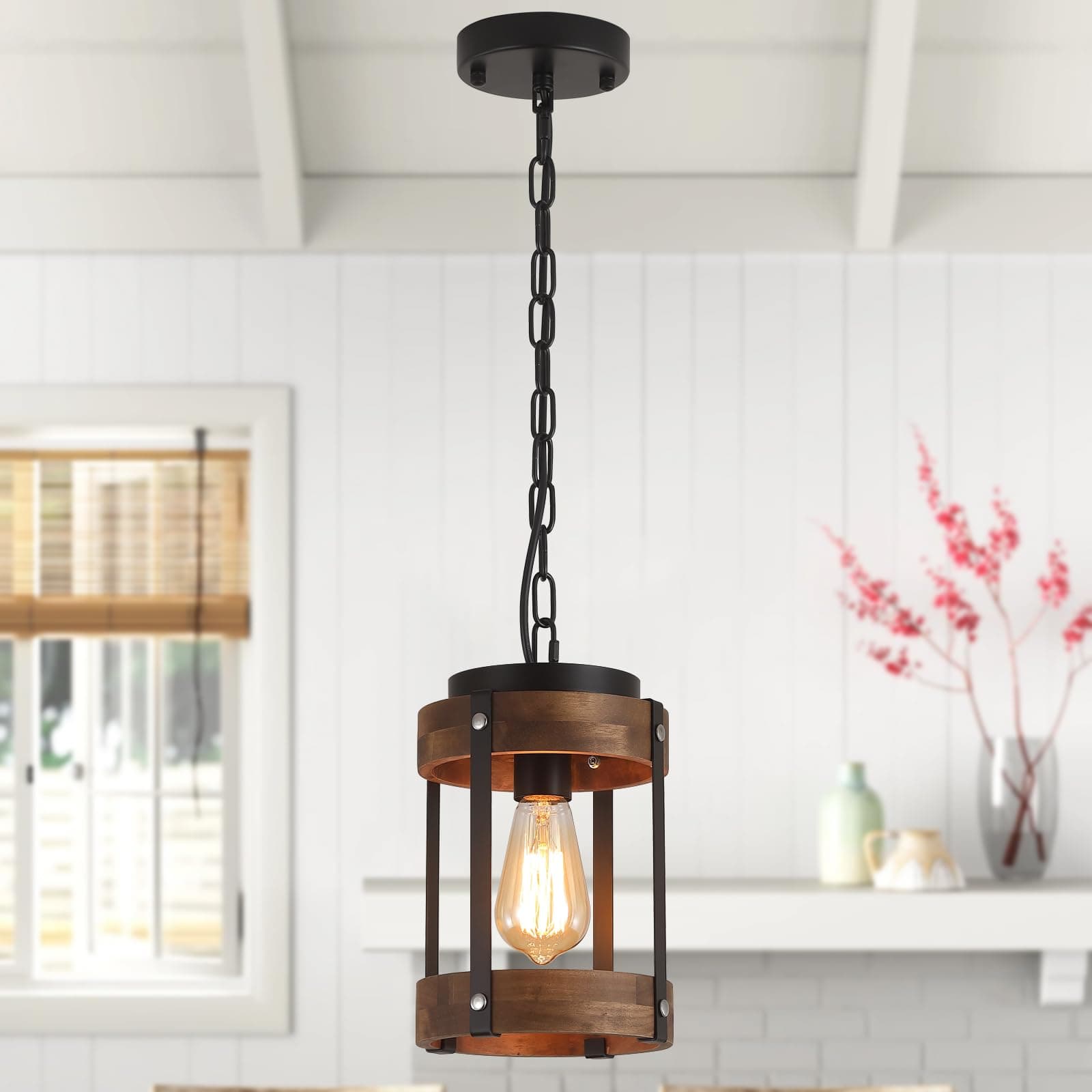 Rustic Oak Wood and Metal Pendant Light for Kitchen Island Sink Hallway, Black