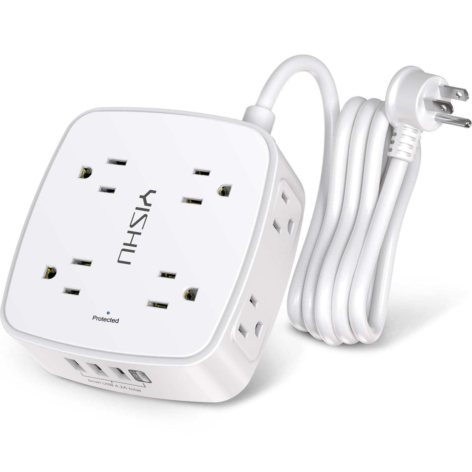 6 Ft Wall-Mount Surge Protector with 8 Outlets & 4 USB Ports, Extender Included, ETL Listed, White
