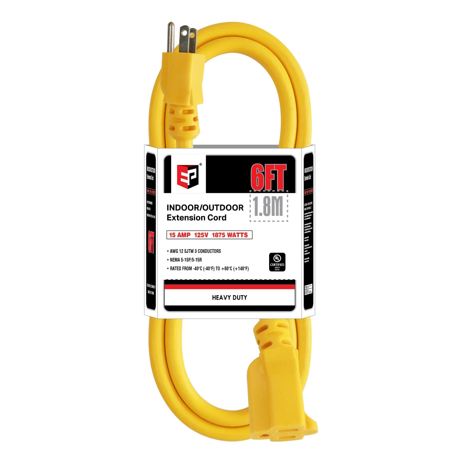 6ft Outdoor Heavy Duty Extension Cord, 15 AMP, SJTW, 3 Prong Grounded, Yellow