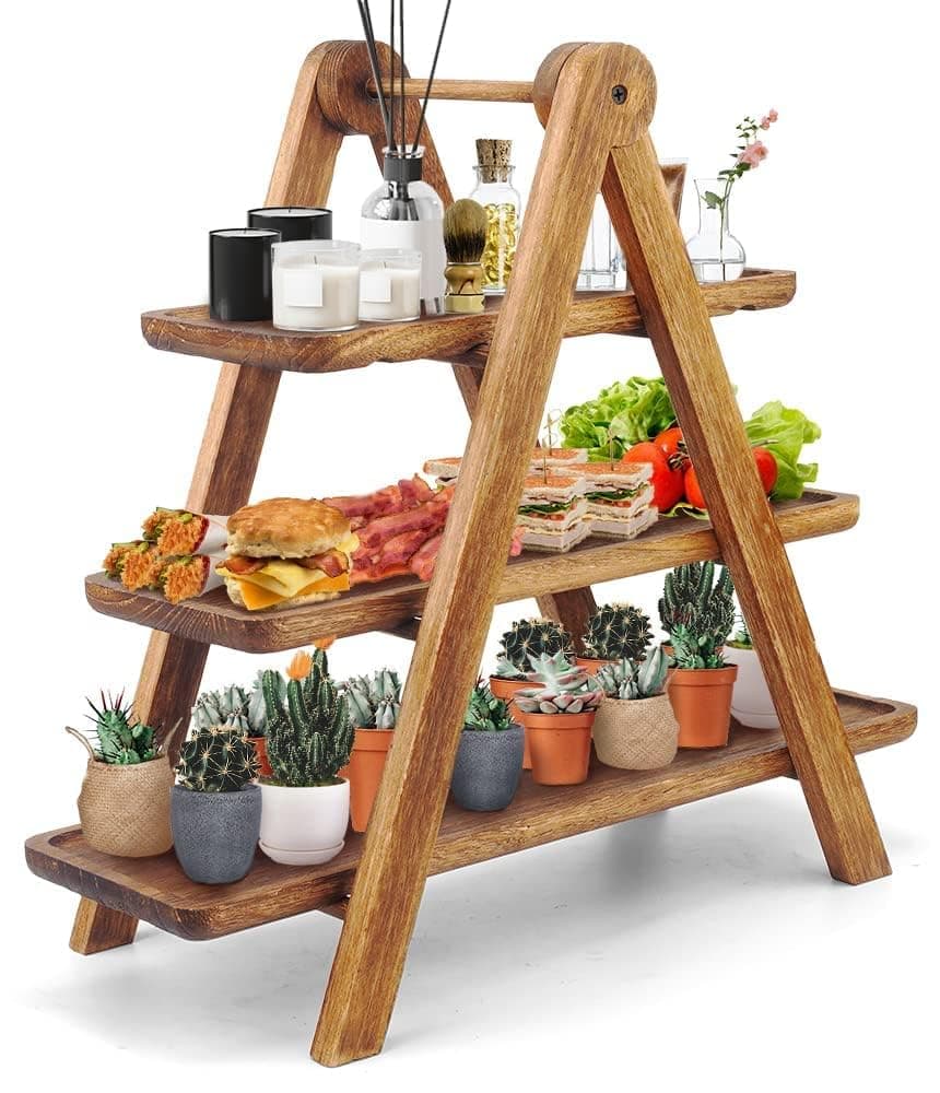 Manspdier Wood 3 Tier Cupcake Stand & Serving Tray, Brown Farmhouse Decor