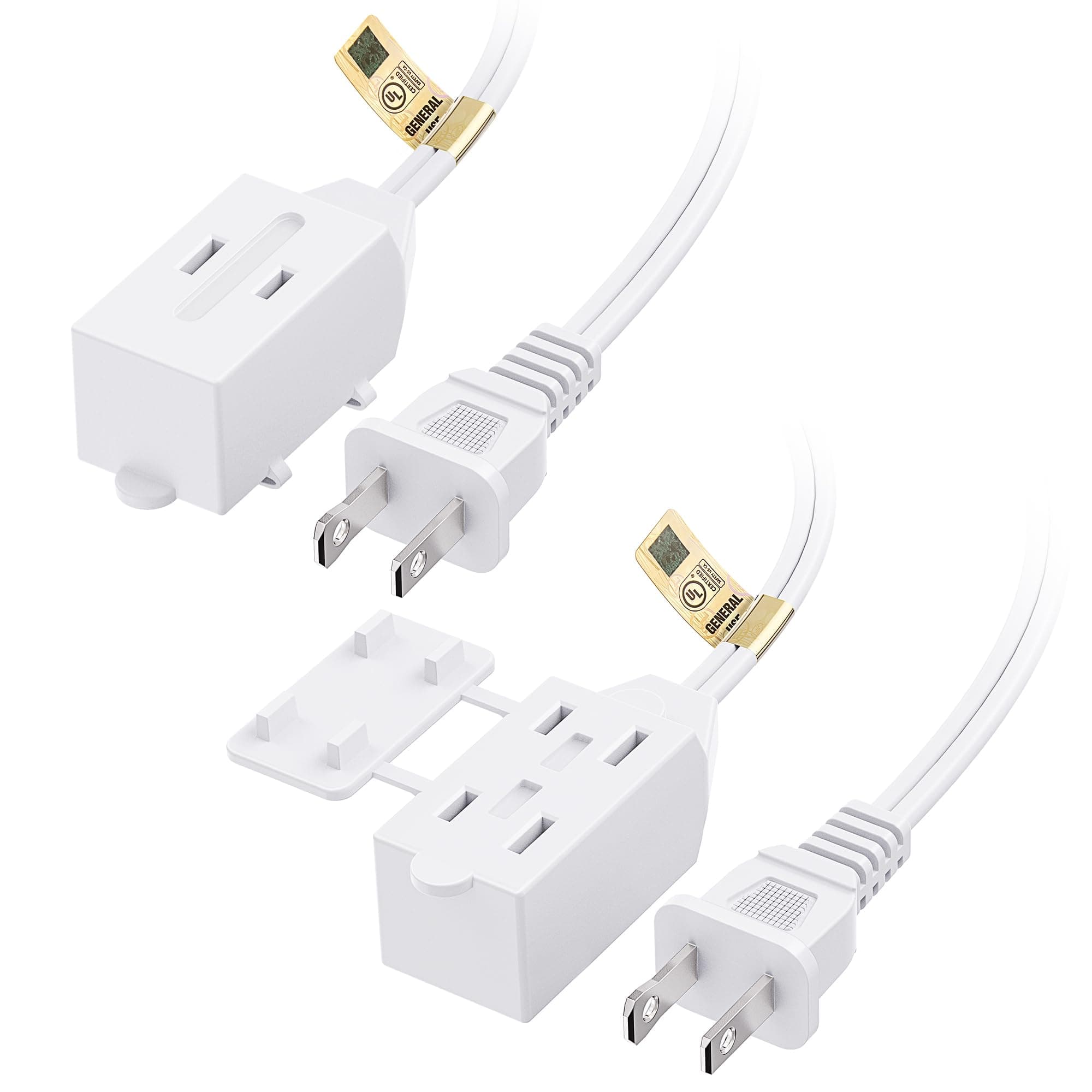 Cable Matters 2-Pack 16 AWG 2 Prong Extension Cord, 6 ft, 13A 3-Outlet, Tamper Guard, White