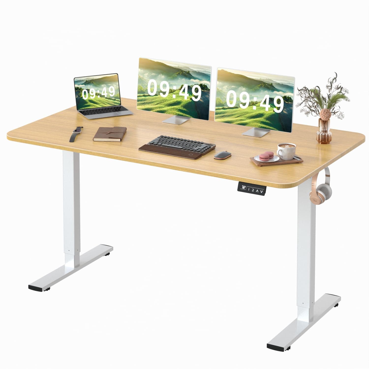 Furmax Electric Height Adjustable Standing Desk, Light Wood, 55x24 inches