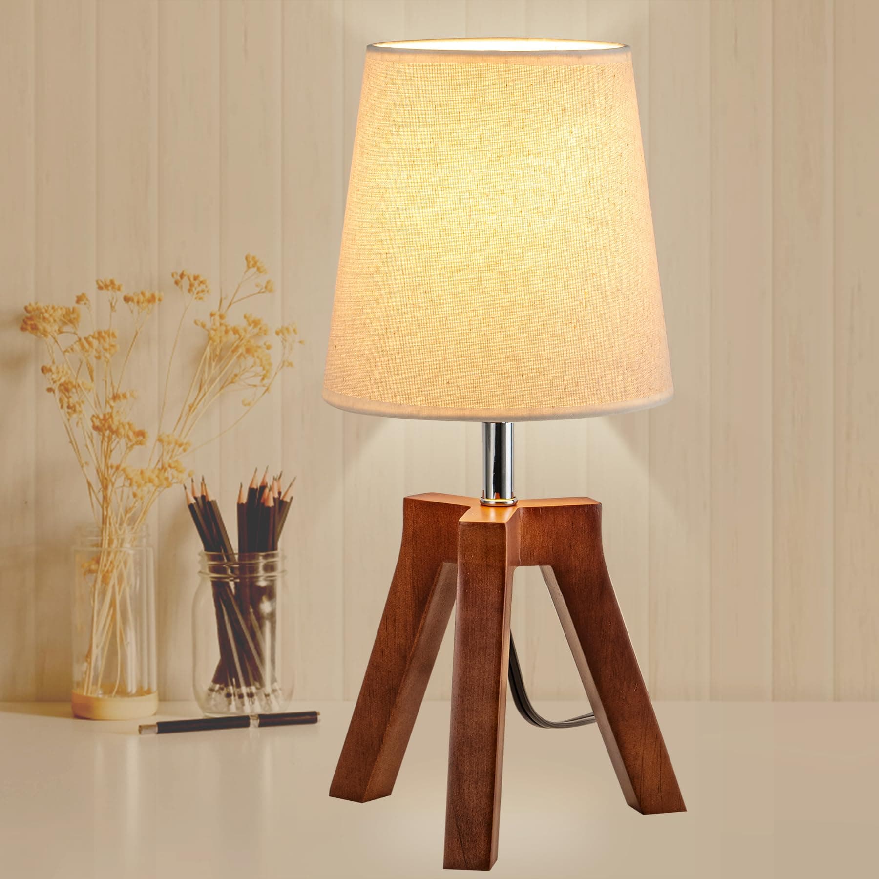 Dreamholder Walnut Nightstand Lamp with Linen Shade for Reading