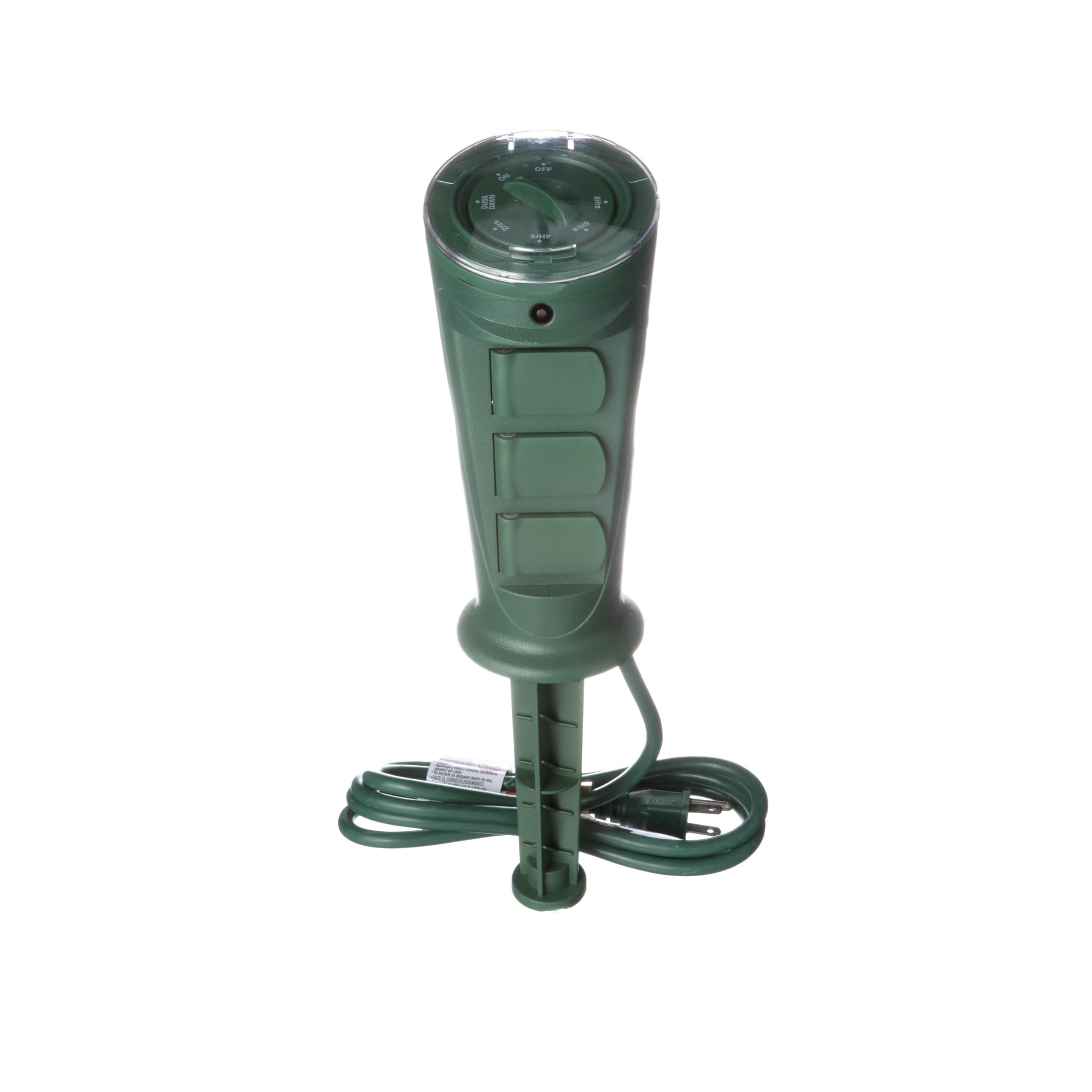 Outdoor Plug-in Yard Stake Timer with Photocell, Dusk-To-Dawn, 3-Outlet, Green
