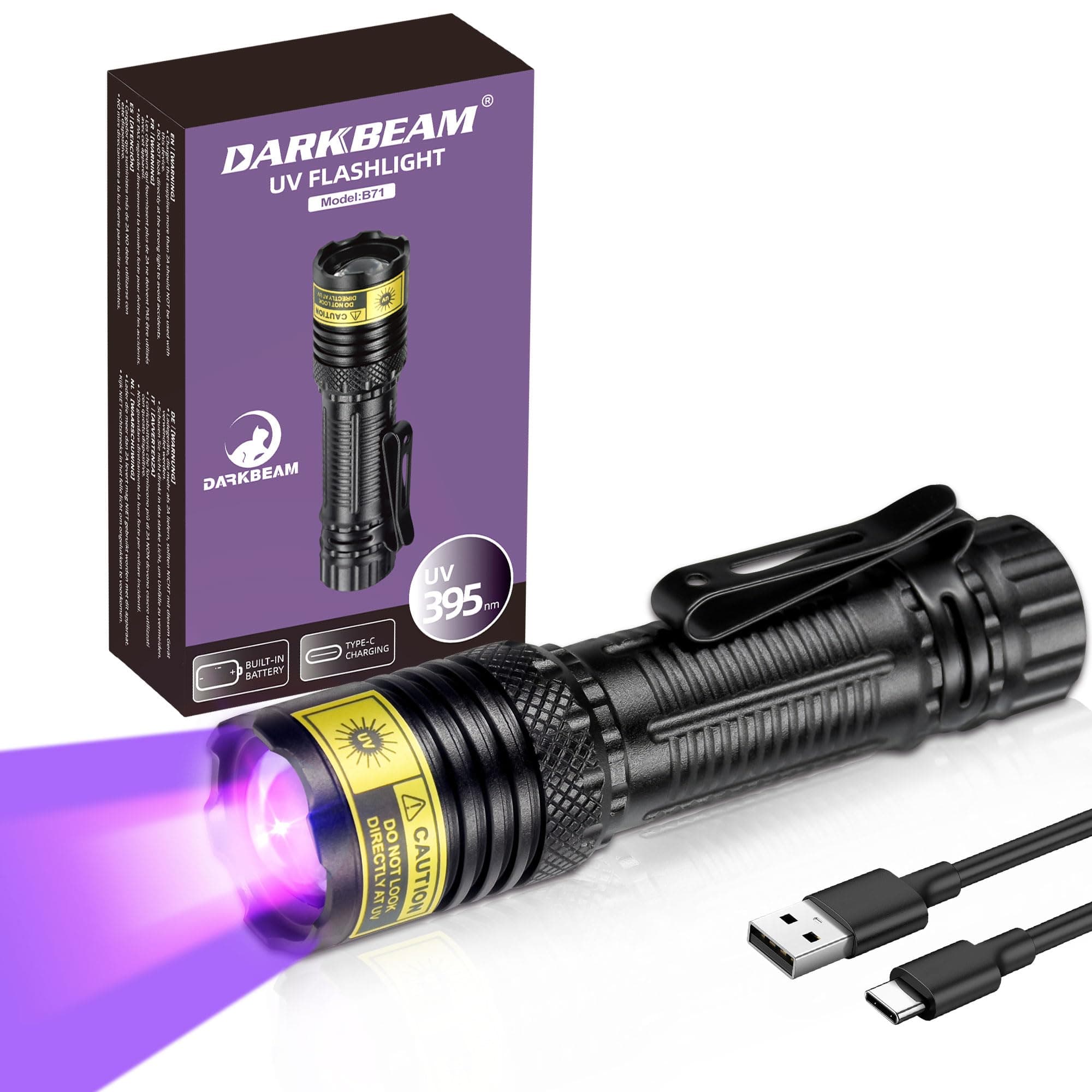 DARKBEAM 395nm Mini USB-C Rechargeable Black Light, Water Resistant & Focusable