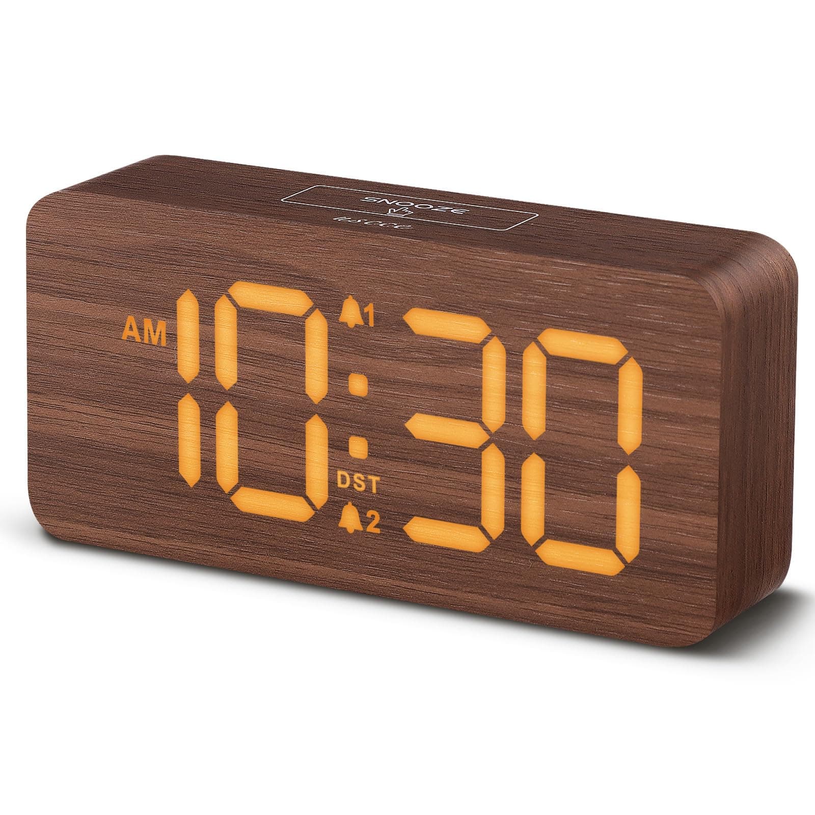 USCCE Wooden Digital Alarm Clock: Dimmable Dual Alarm with Large Numbers - Loud Alarm for Heavy Sleepers - Wood Decor