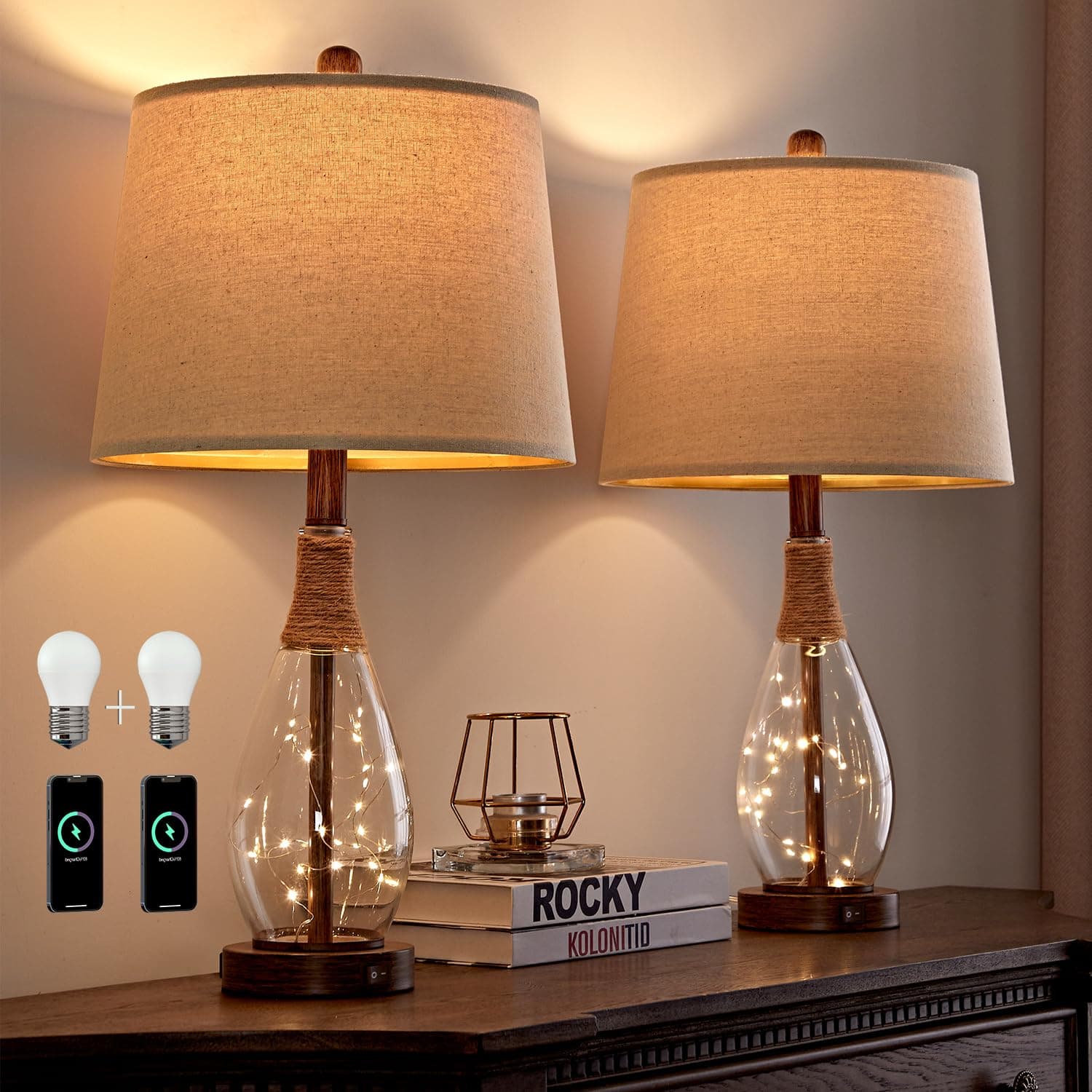 OYEARS 23" USB A+C Bedside Lamps Sets for Bedroom Living Room