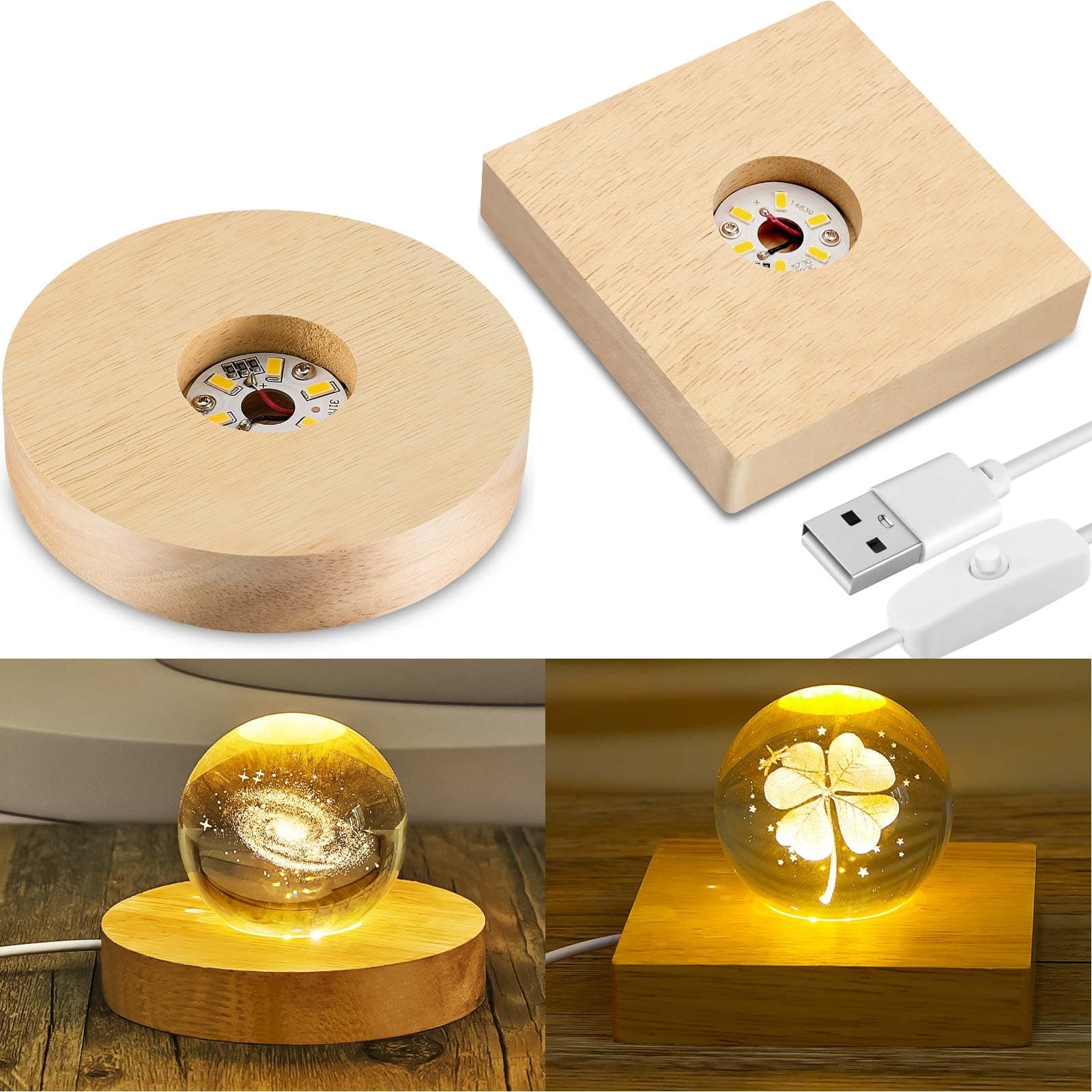 Honoson 2 Pcs LED Wood Base Crystal Resin Display Stand with 6 LEDs USB Square Round