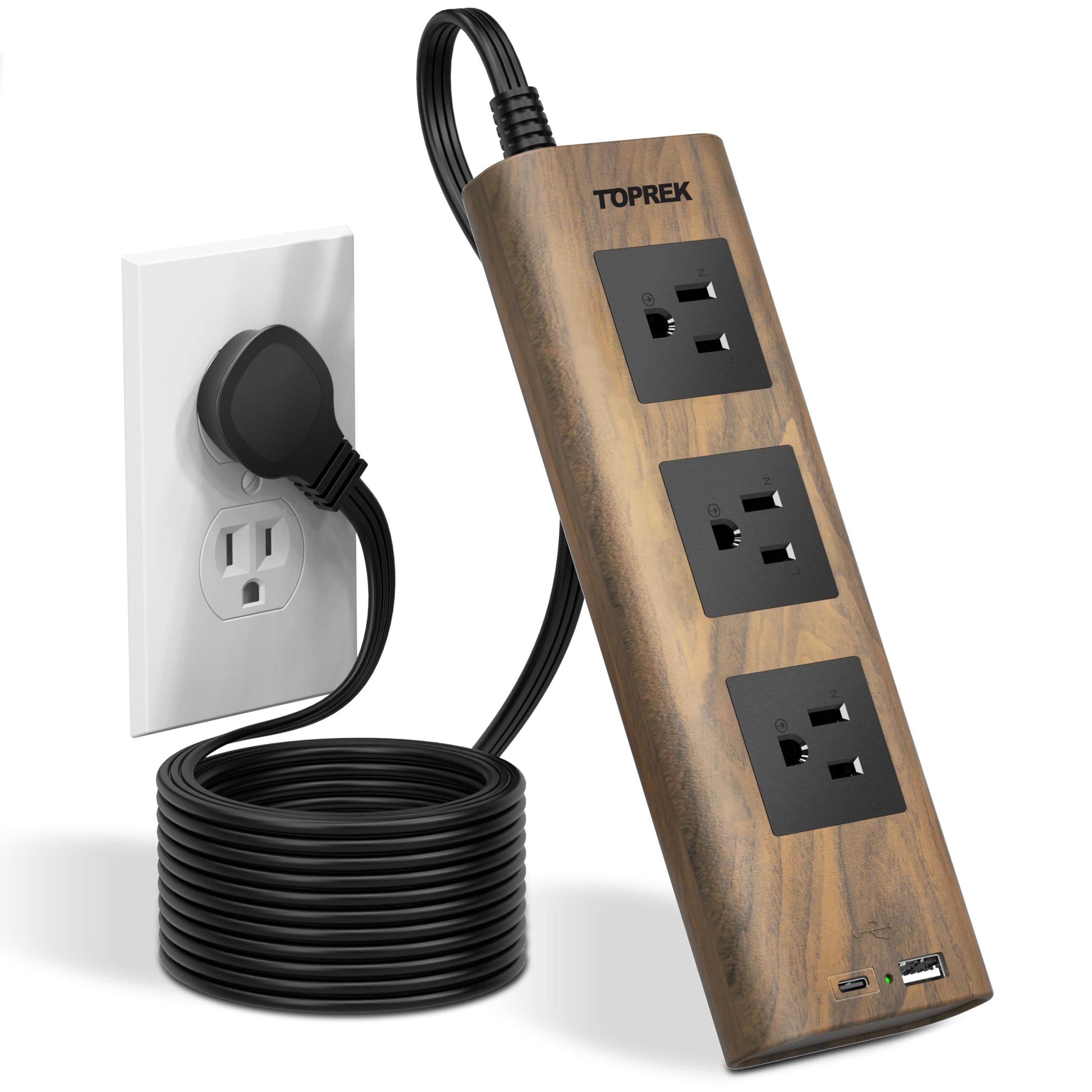 TOPREK 1800J Surge Protector Power Strip, 10 FT Thin Plug, 3 AC Outlets, 1 USB-C, 1 USB-A, Wood Finish