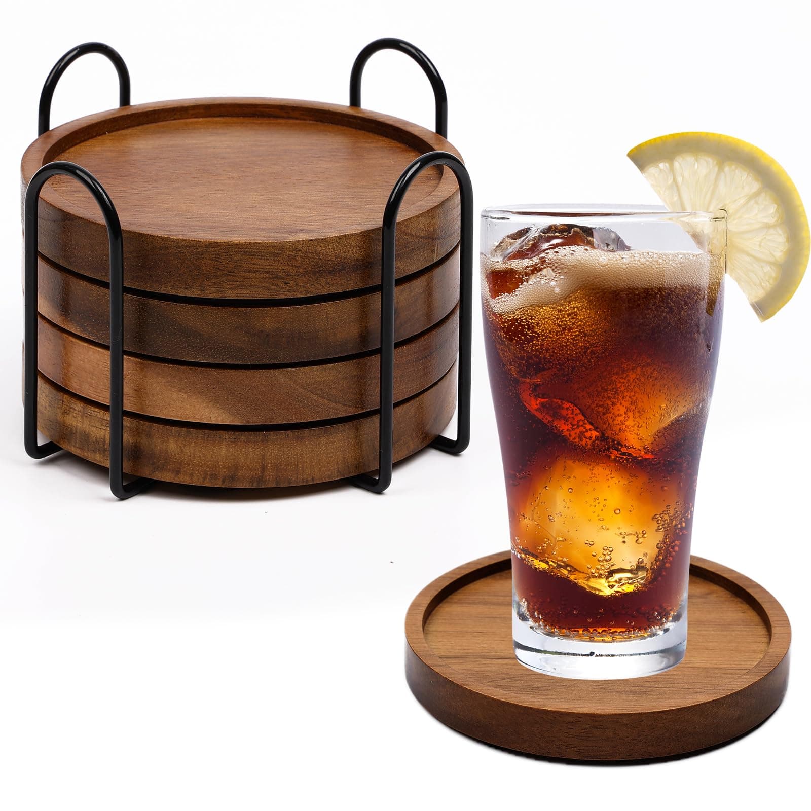 4 Pcs Absorbent Wooden Coasters with Holder for Table Protection
