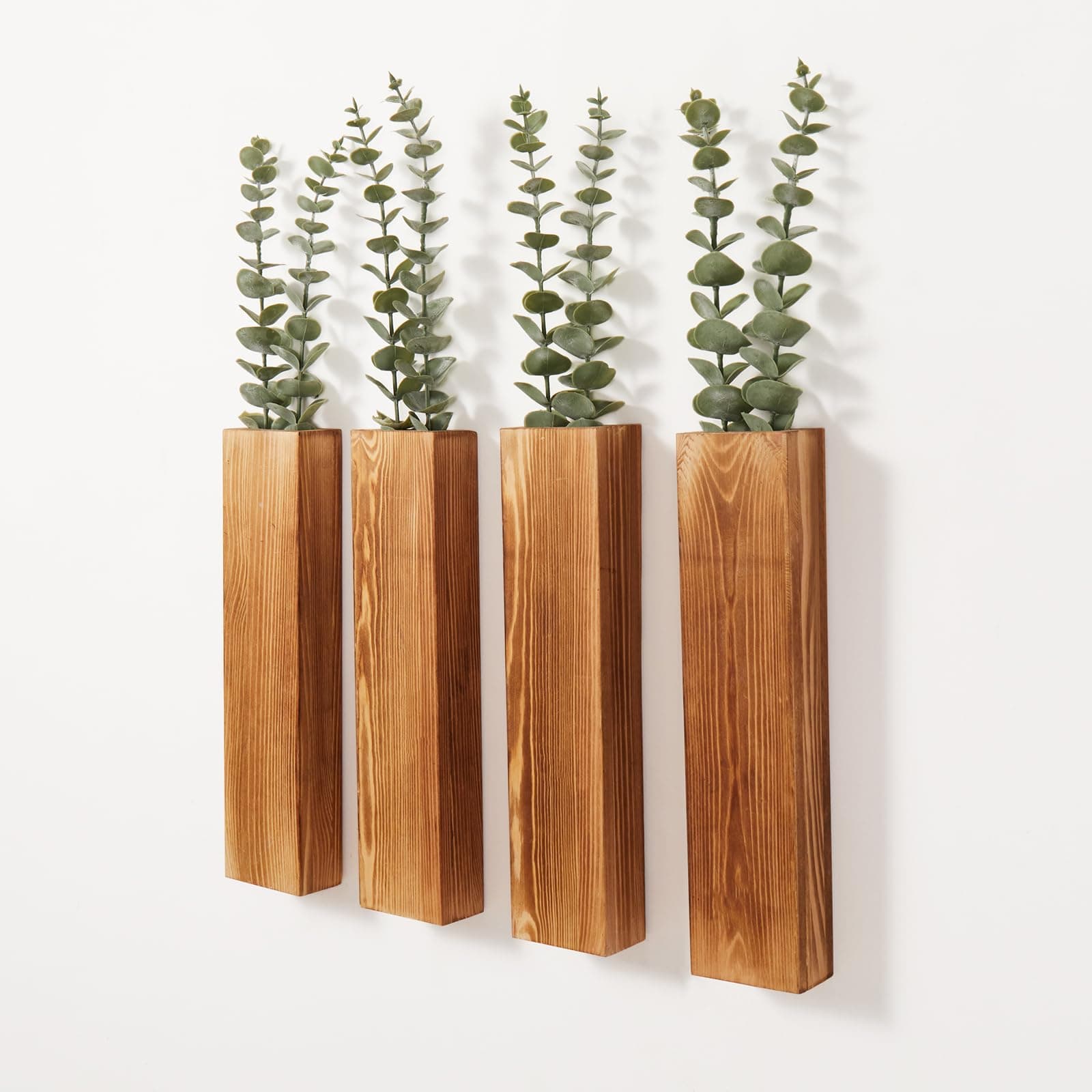 4-Pack Wood Wall Planters with Faux Eucalyptus - Modern Farmhouse Decor for Home Office and Living Room
