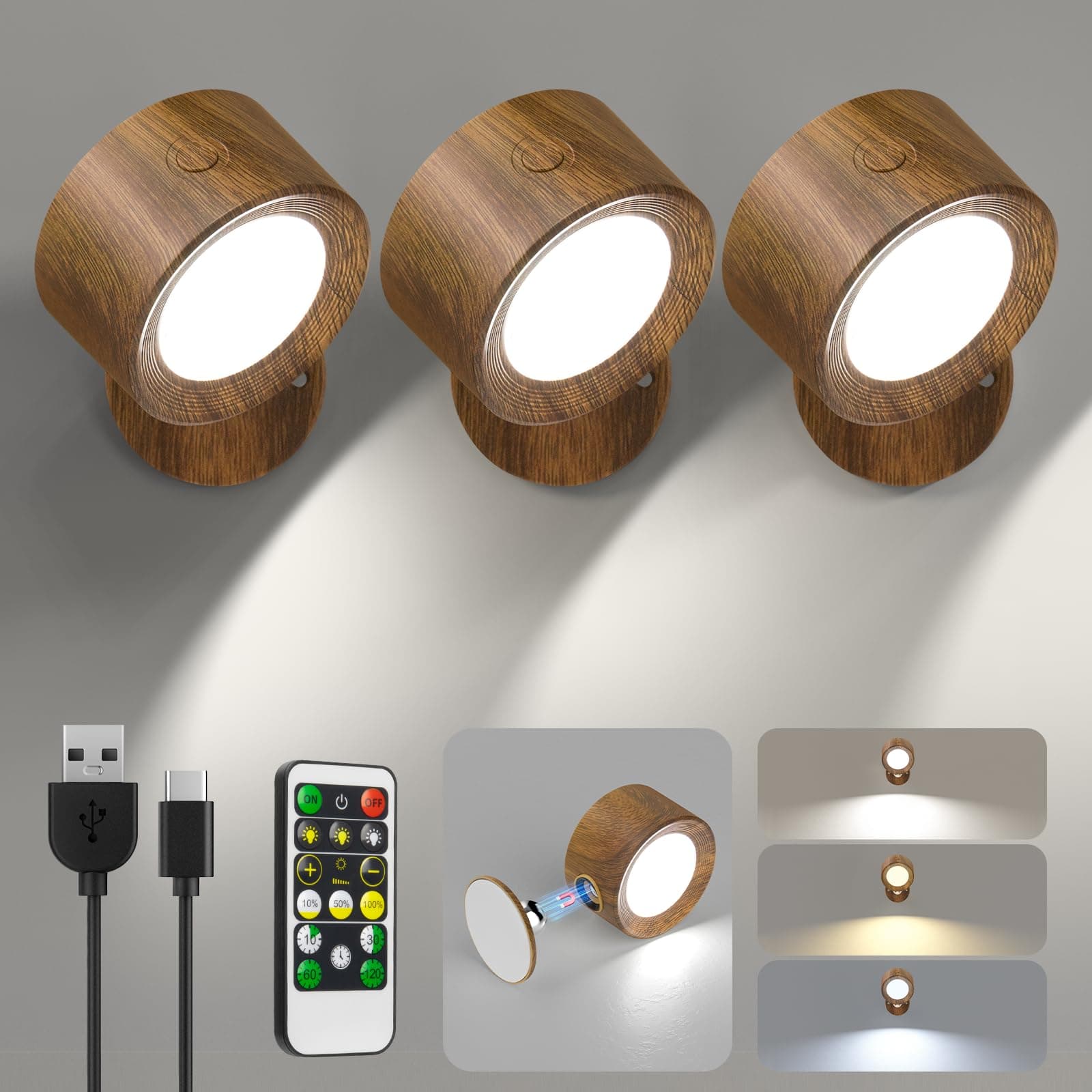 Rechargeable 3-Pc LED Wall Sconces with Remote Control & Dimming