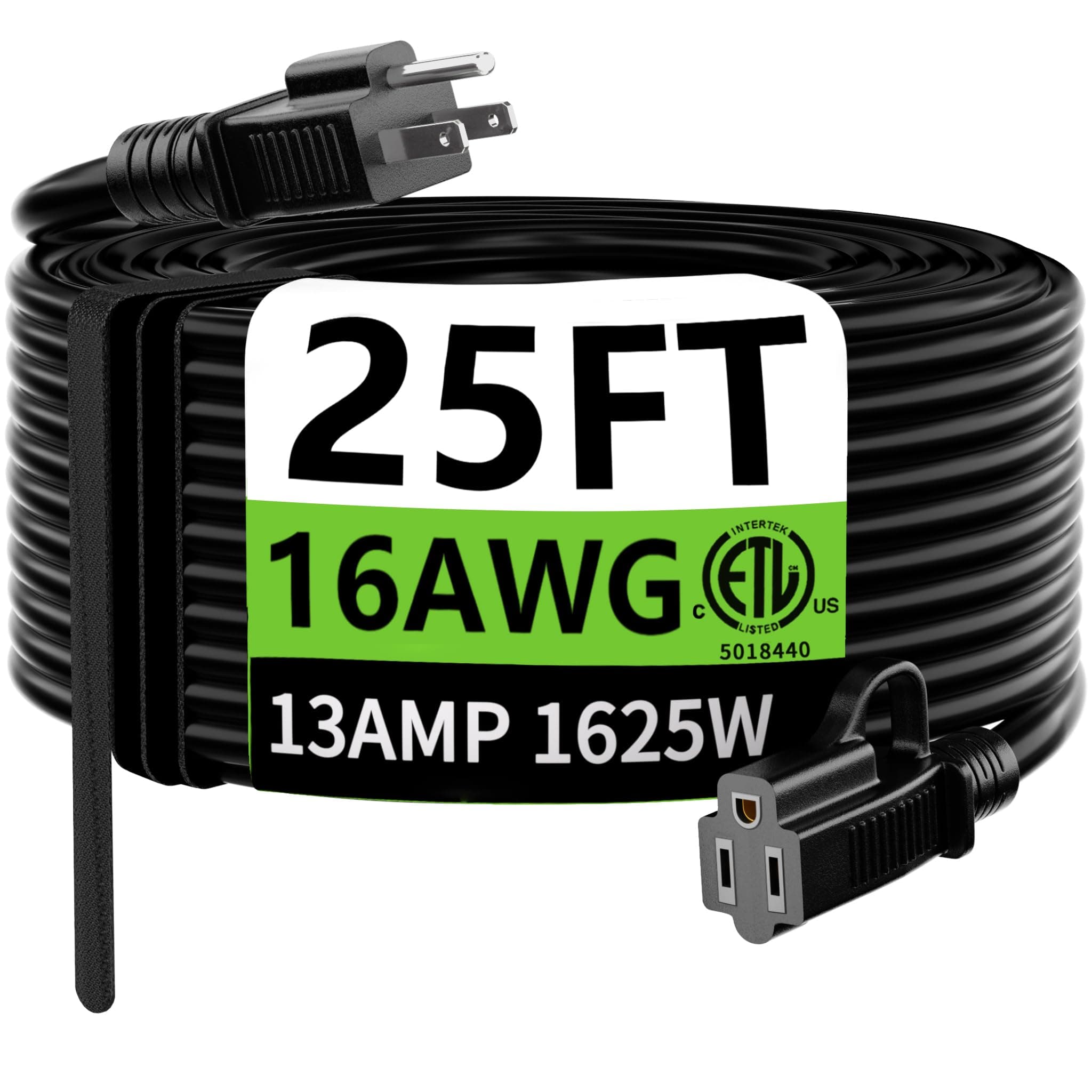 huanchain 16/3 Gauge 25 ft Black Outdoor Extension Cord, Waterproof, 16AWG SJTW, 13A 1625W, ETL Listed