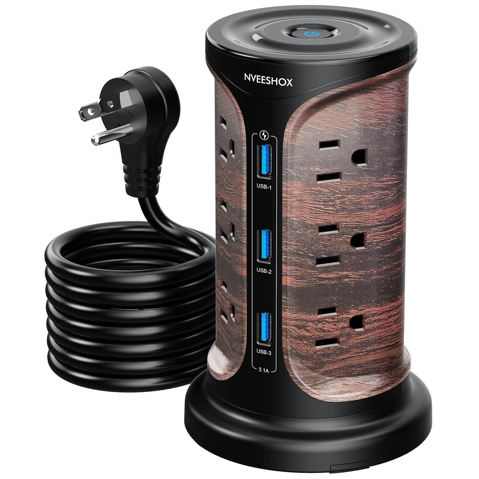 Wood Grain Surge Protector Power Strip, 4 Fixed Outlets, 3 USB Ports, 6.5 FT Cord, Surge Protection