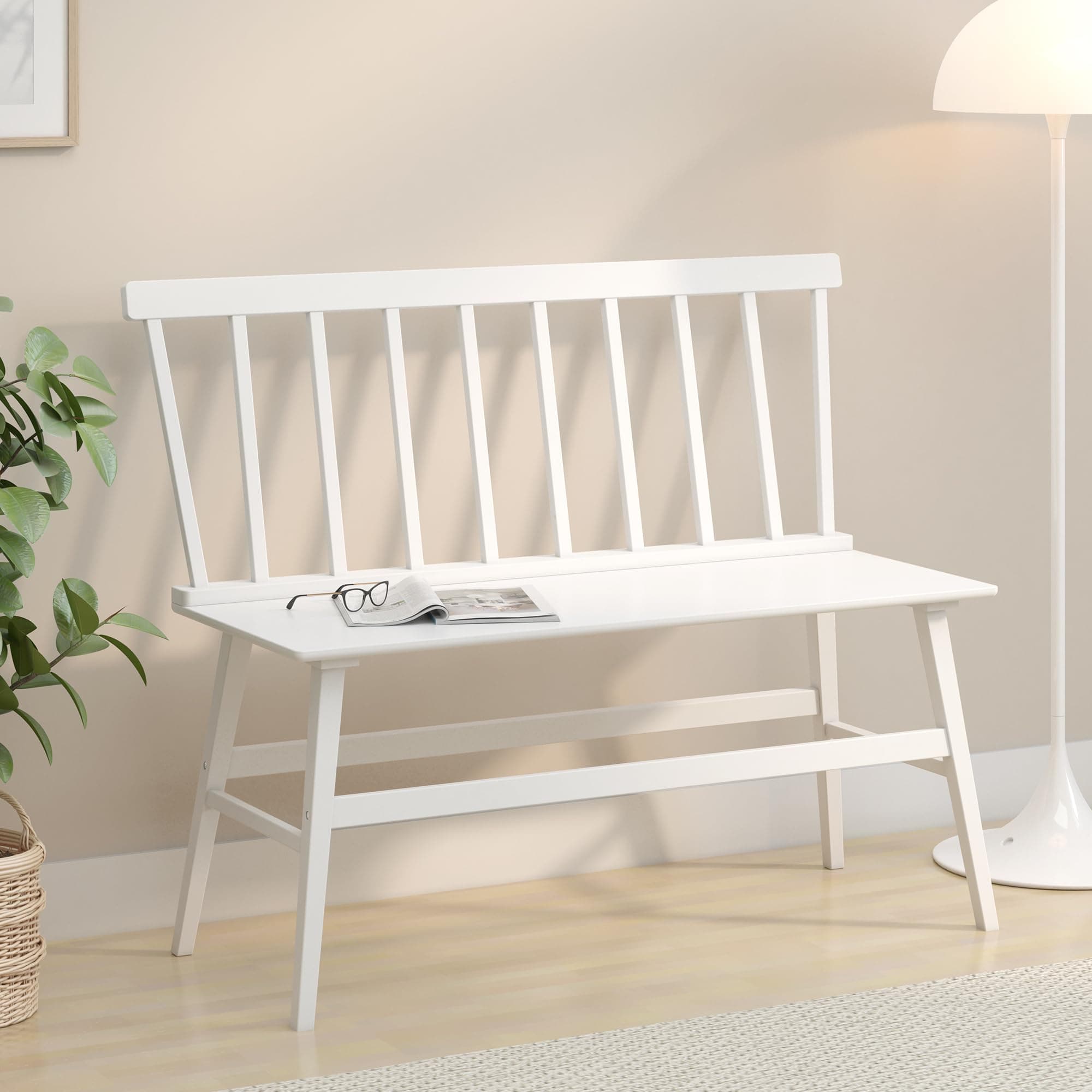 Farmhouse White Dining Bench with Spindle Back for Foyer Balcony