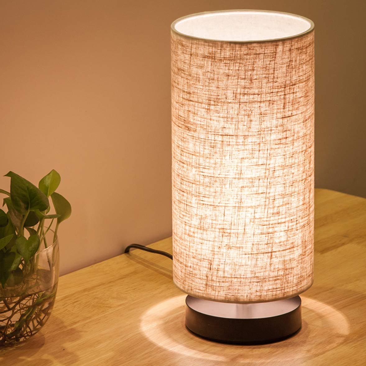 Fabric Wooden Table Lamp, Cylinder Black Base, Bedside & Desk Lamp