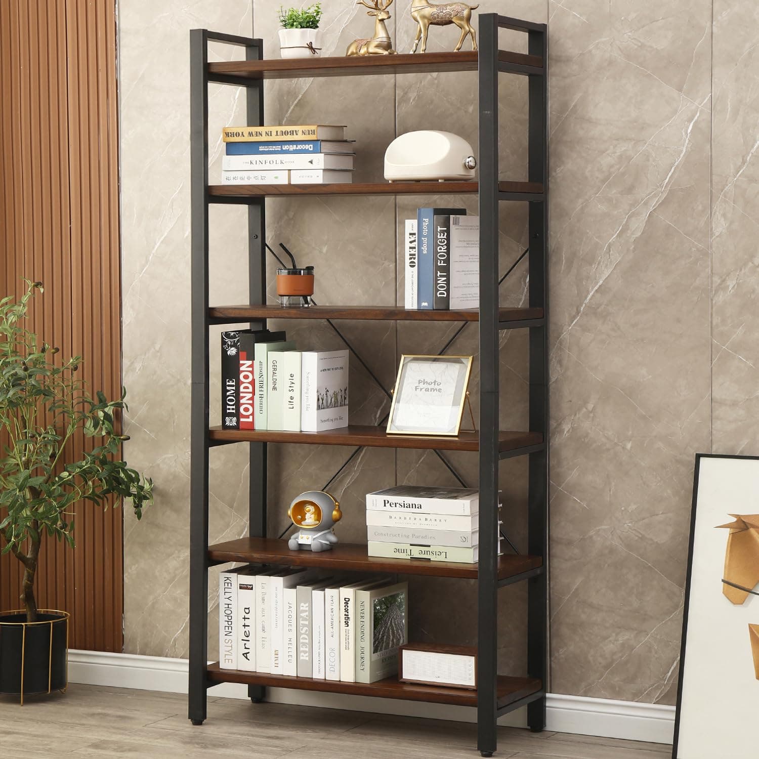 Refined Natural Wood Bookcase for Office, Living Room, and Bedroom (6 Tiers)