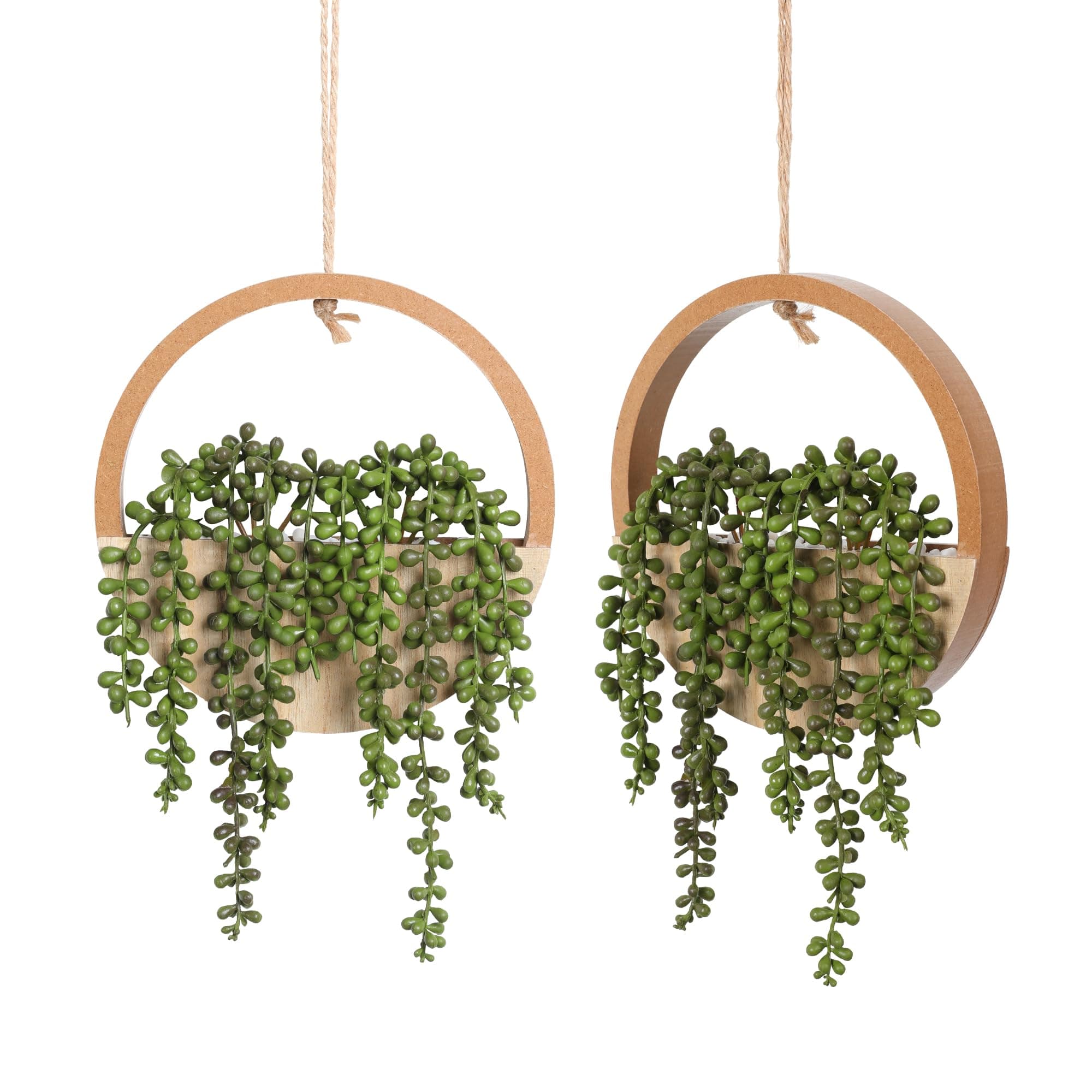Floweroyal 2pcs Artificial Succulents Hanging Plants with 8.3'' Lanyard Pot Decor (Wood Color)