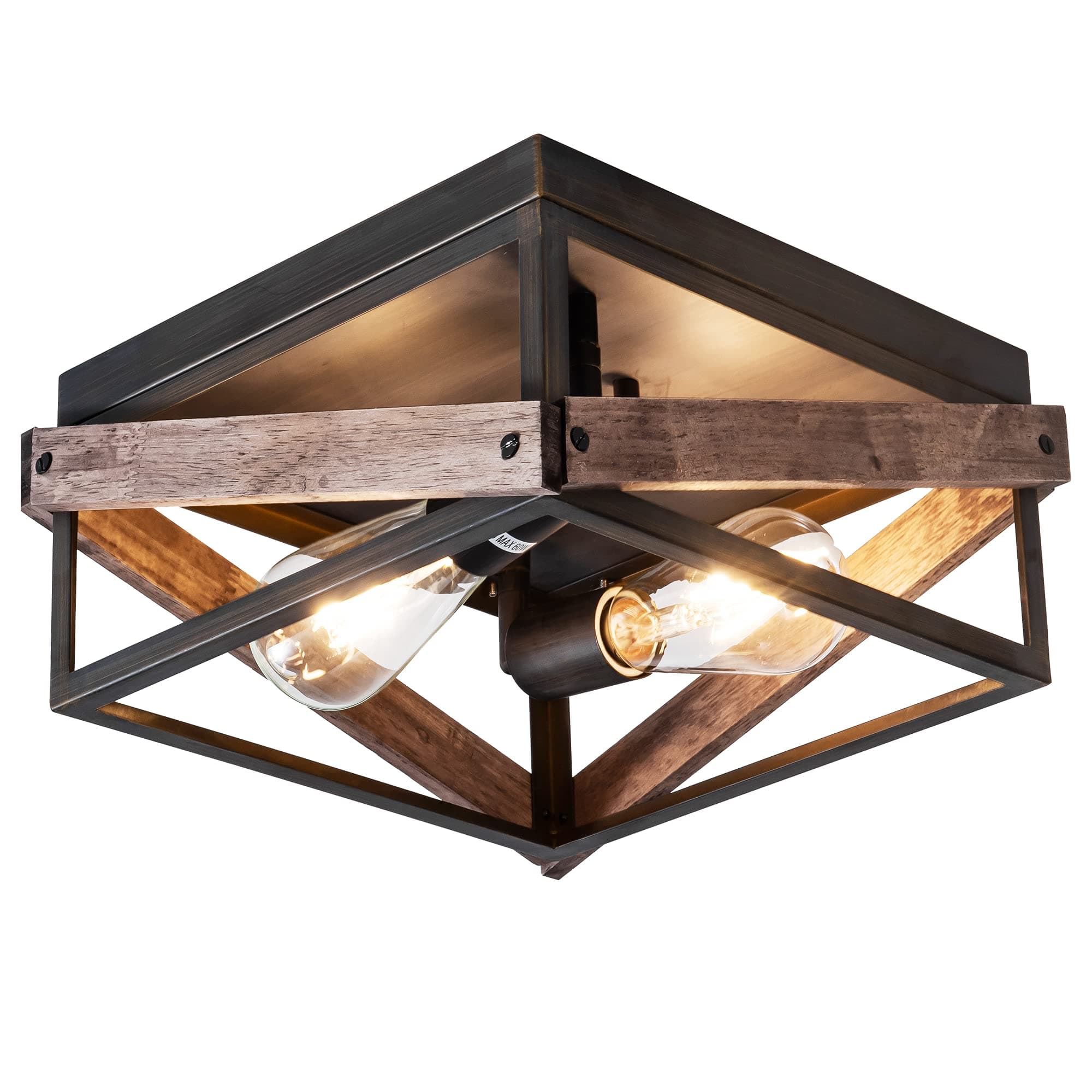 Rustic 2-Light Ceiling Fixture, Farmhouse Flush Mount for Living Room
