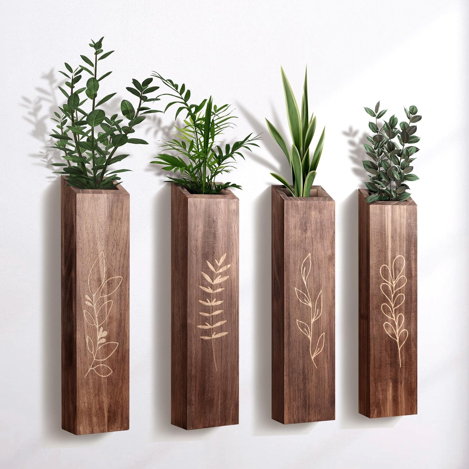 4 Pack Brown Wood Indoor Wall Planter for Living Room and Bedroom