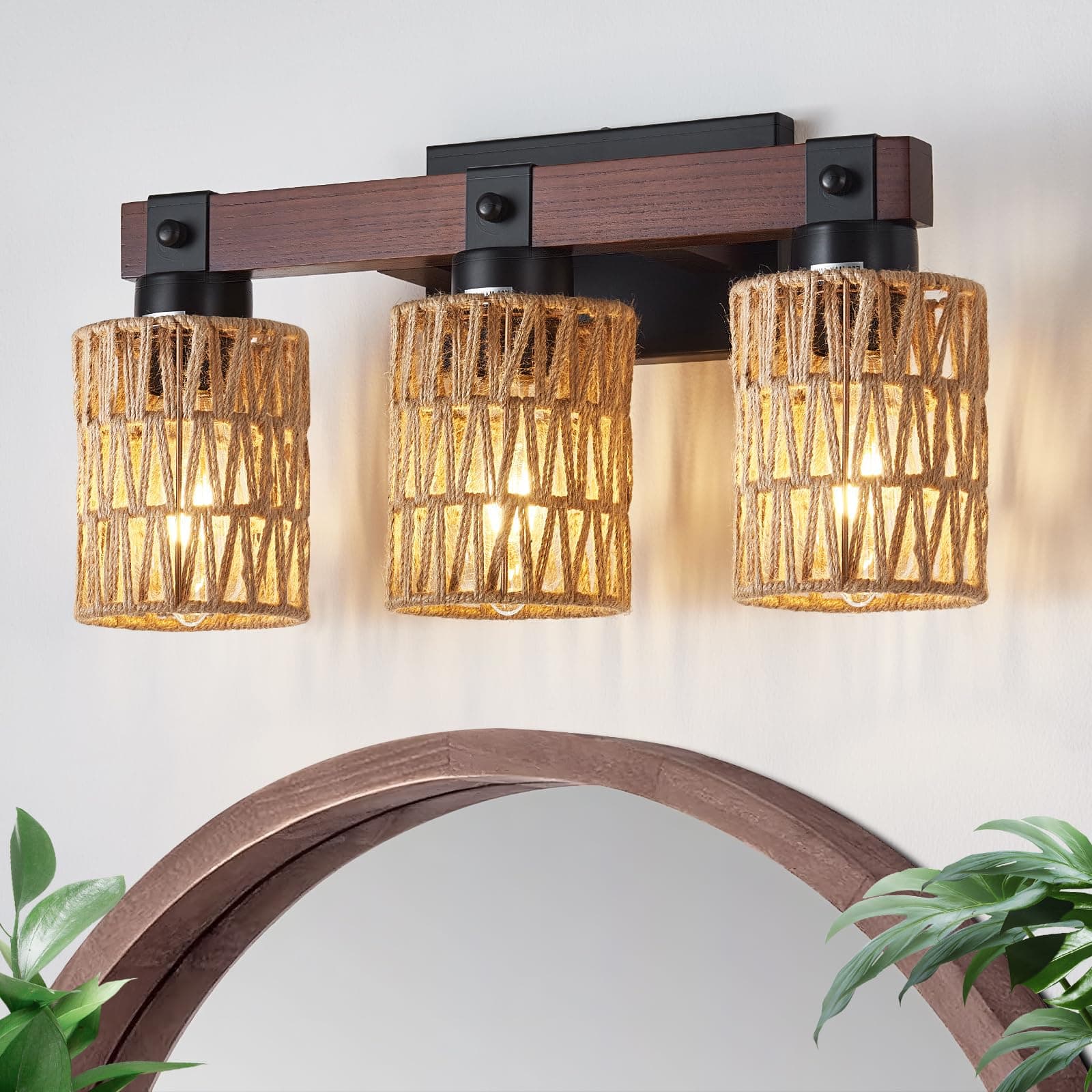 Rustic Farmhouse Wood Vanity Light, Handmade Bamboo Woven Basket Shade