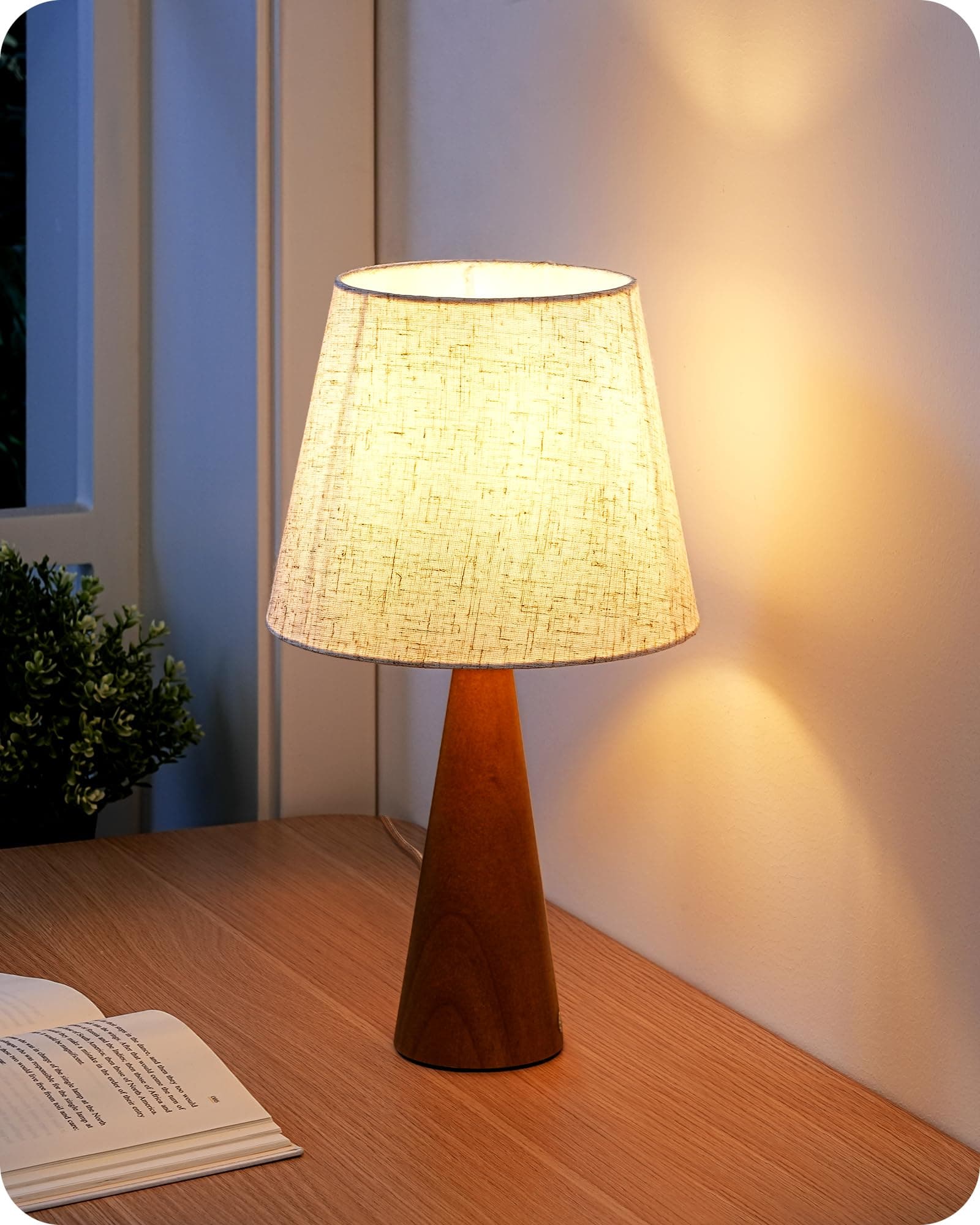 EDISHINE 13.58" Small Table Lamp, Beige Linen Shade, Dark Rosewood Base, Nursery Bedroom Lamp