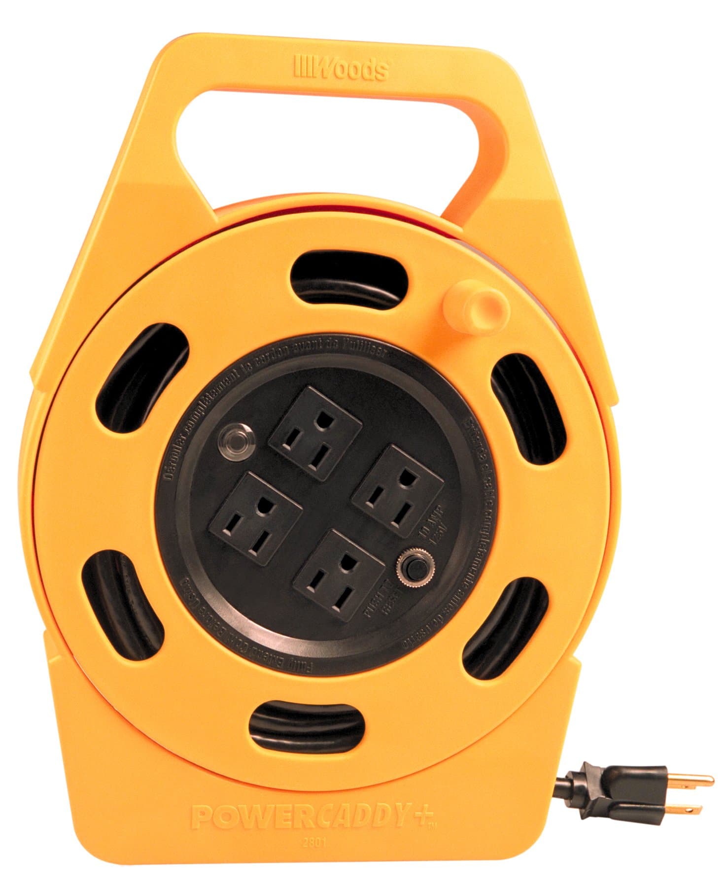 Retractable Extension Reel with 4 Outlets; Heavy Duty; Flame Resistant; 10A Circuit Breaker; 25 Ft; Yellow/Orange