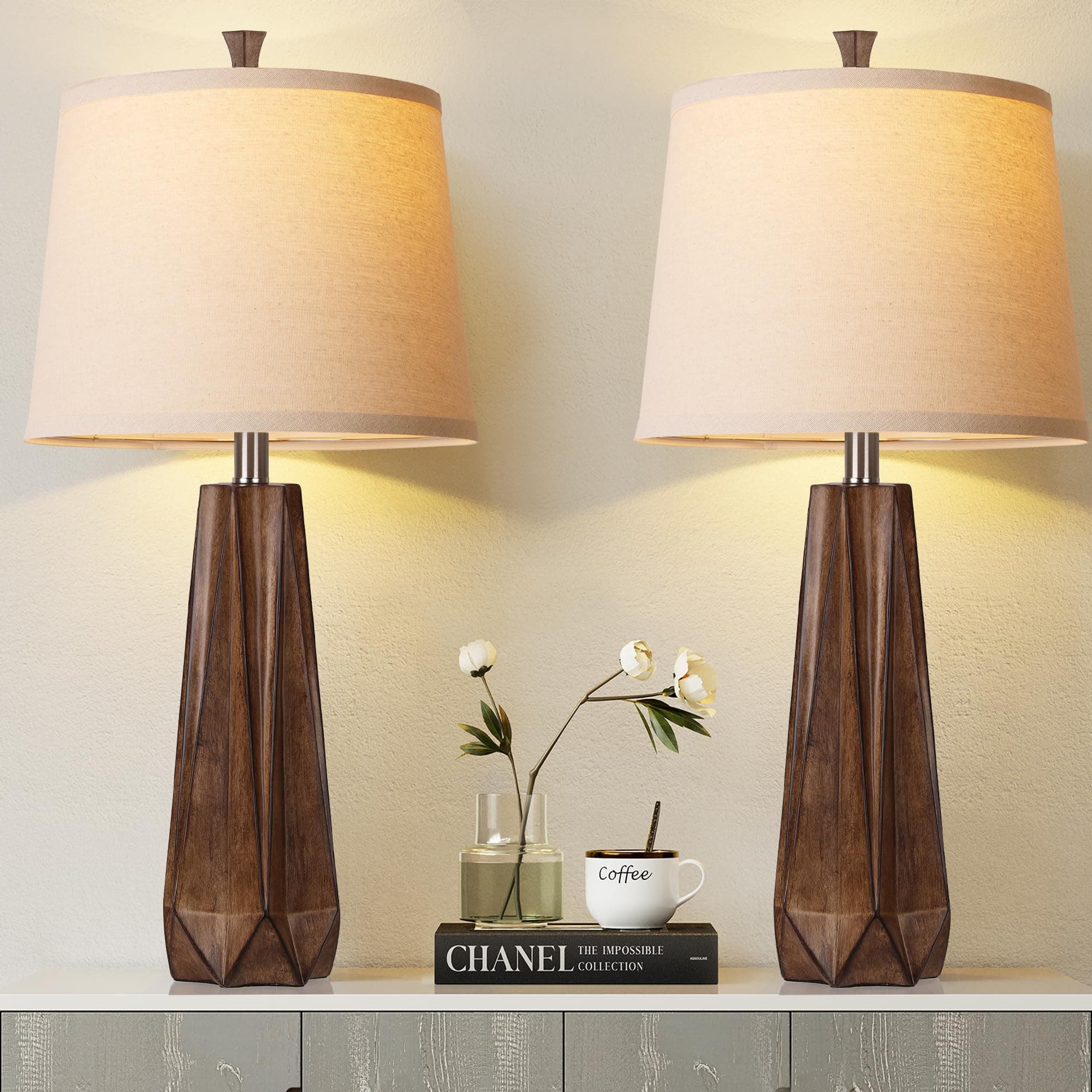 WIHTU 2 Color Temperature Table Lamps, Linen Shade, Modern Wood Grain Desk Lamp (2 Bulbs Included)